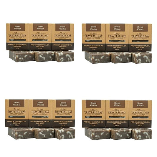 Traverse Bay Bath and Body, Brown Windsor, all natural handmade cold process soap, essential oil soap, spicy coffee caraway scent, 12 bar pack 66+ oz