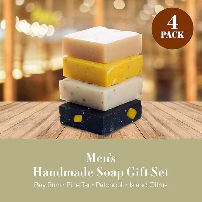 360Feel Mens Bar Soap - Made in the USA - Castile Handmade All Natural Cold Processed - Includes 4 Bold Masculine Scents: Bay Rum, Pine Tar Black Soap bar, Patchouli & Island Citrus (5oz, 4-Pack)