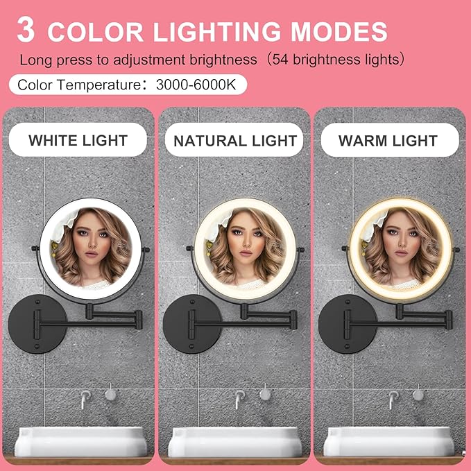 Rechargeable 8” Wall Mounted Makeup Mirror with Lights, 1X/10X Double-Sided, 2000mAh Battery, 3-Color Touch Control LED, Foldable Extendable Arm, Lighted Bathroom Vanity Mirror – Black