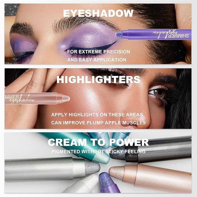 Black Eyeshadow Stick Makeup, Highlighter Cream Brightener Eye Shadow Pencil, Waterpoof Long Lasting Shimmer Eyeliner, Glitter Primer Palette Crayon