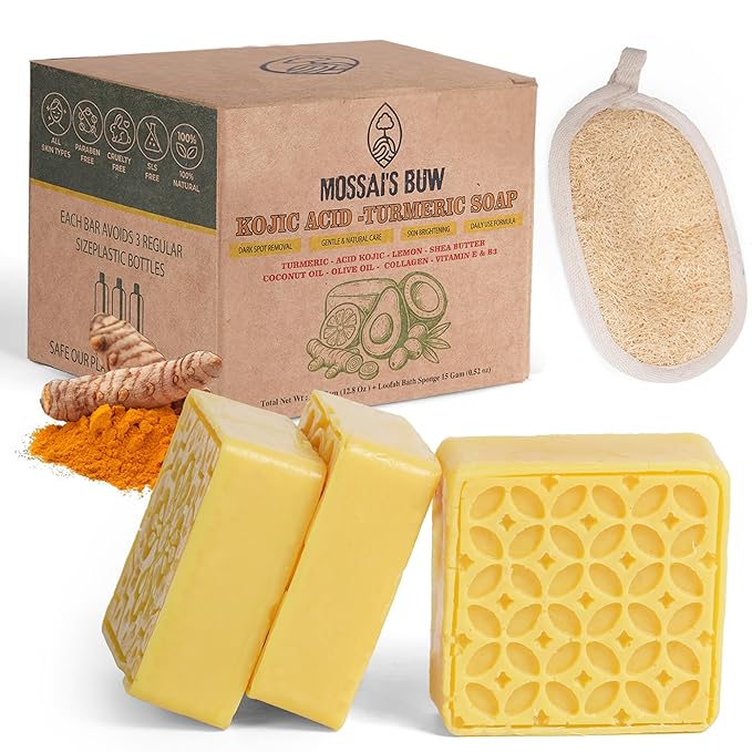 Kojic Acid and Turmeric Soap Bar for Dark Spots – Natural Brightening Bar with Coconut & Olive Oil, Lemon, Shea Butter, Vitamin C&E – Cleansing Moisturizing Bath Soap (3Pack) + Loofah Bath Sponge