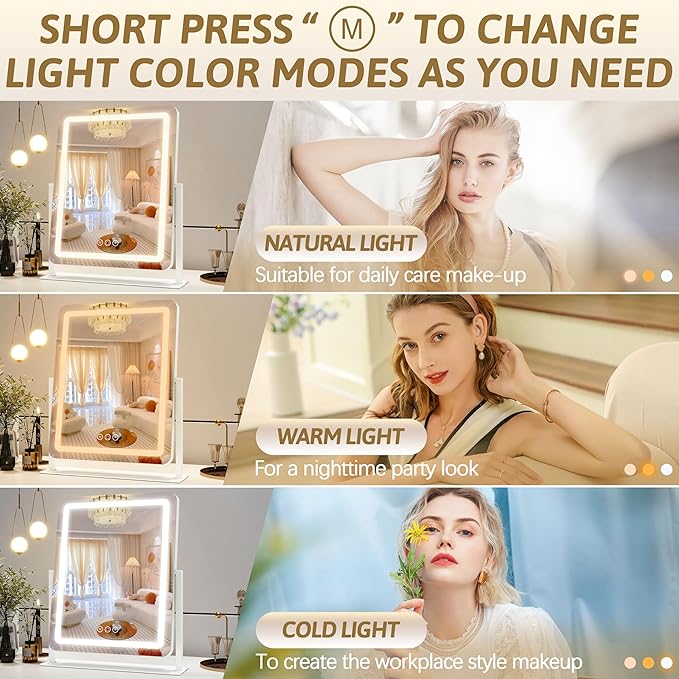 ROLOVE 22x18 Inch Vanity Mirror with Lights, 3 Color Dimmable LED Lighting, Smart Touch Control & 360° Rotation, Large Makeup Mirror for Bedroom, Dressing Room (White)