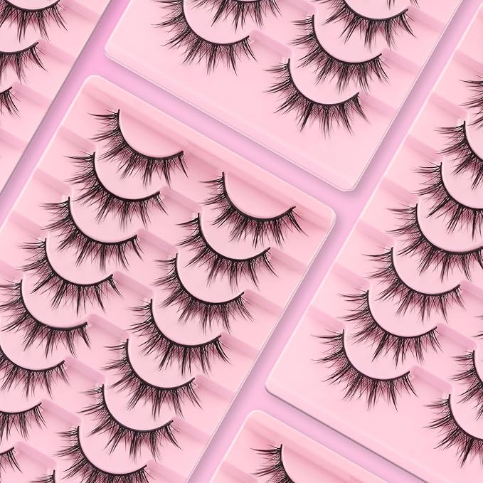 Ahrikiss Lashes Manga Lashes Natural Look Anime False Eyelashes 8 Pairs Faux Mink Lashes Wispy Fake Eyelashes Cosplay Spiky Fake Lashes 10-14mm Soft Strip Lashes (Comic)