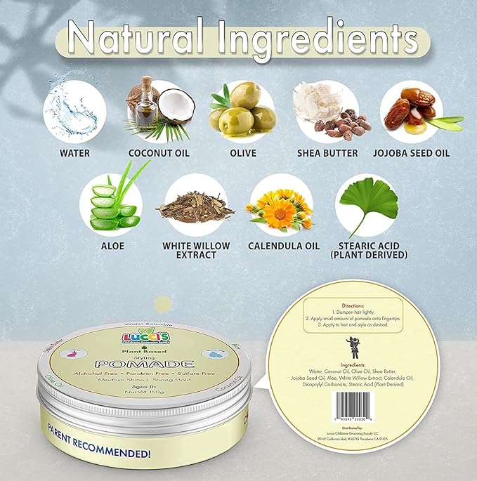 LUCCI’S CHILDRENS GROOMING SUPPLY Baby Hair Gel – 5oz Plant-Based Styling Hair Pomade for Infants – No Parabens or Sulphates – Medium Shine and Strong Hold Hair Paste for Kids