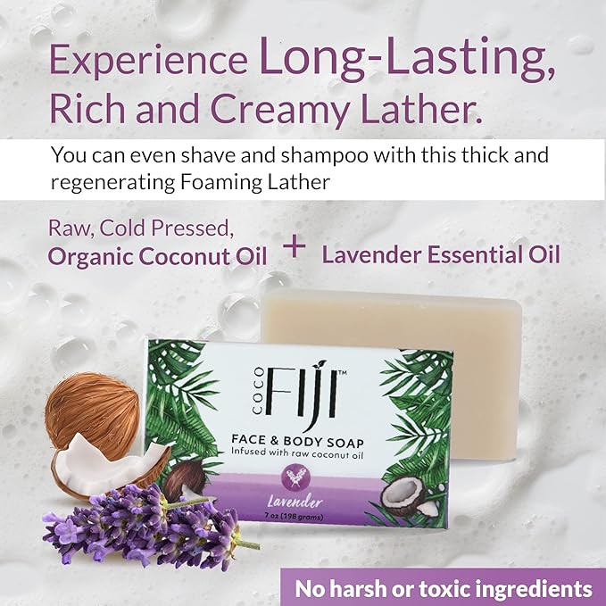 "Coco Fiji Soap Bar for Face and Body Infused With Organic Coconut Oil, Lavender Essential Oil, Natural Soap for Moisturizing & Pore Purifying Skin, 7 oz, Pack Of 2 "