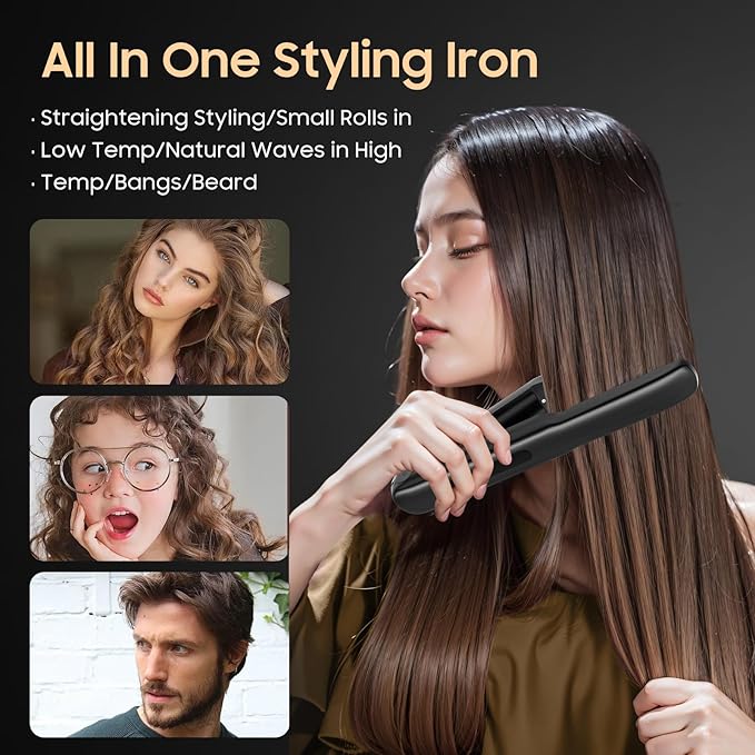Cordless Hair Straightener and Curler, 2 in 1 Portable Mini Flat Iron & Curling Iron, Fast Heating & Titanium Plate Straightener with 4 Adjustable Temp,Travel Size Preferred Gifts (Black)