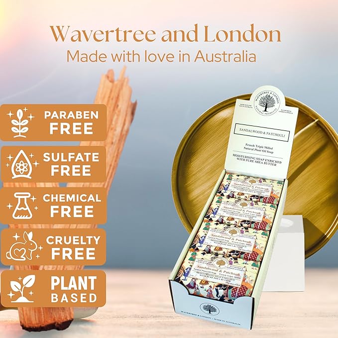 Wavertree & London Sandalwood & Patchouli Scented Natural Soap Bars (Pack of 8), 7oz Moisturizing French Triple Milled Soap Bars enriched with shea butter, Plant Based Safe for All Skin Types