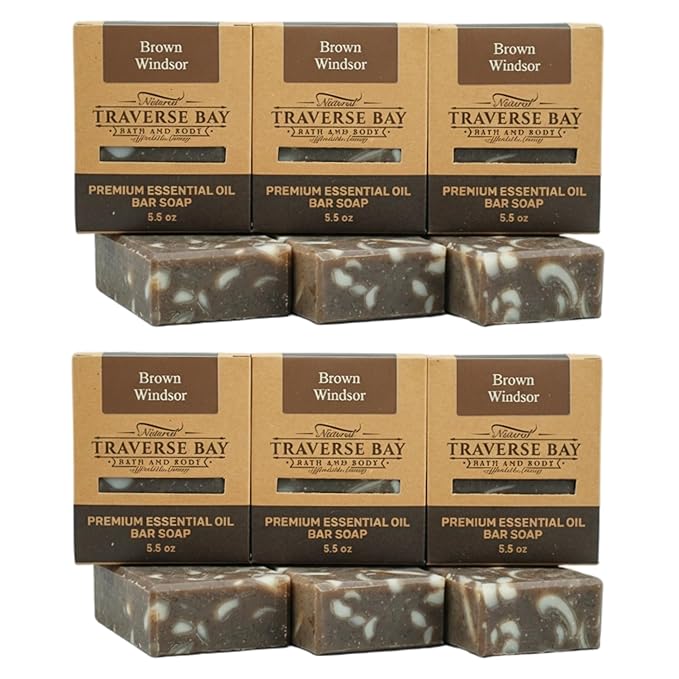 Traverse Bay Bath and Body, Brown Windsor, all natural handmade cold process soap, essential oil soap, spicy coffee caraway scent, 6 bar pack 33+ oz