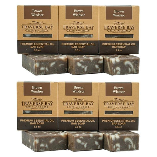 Traverse Bay Bath and Body, Brown Windsor, all natural handmade cold process soap, essential oil soap, spicy coffee caraway scent, 6 bar pack 33+ oz