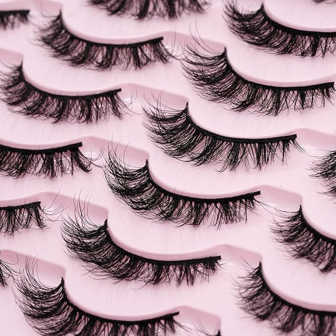 False Lashes Cateye Look Eyelashes - 14 Pairs 12mm Faux 3D Mink False Eyelashes Natural Looking Fluffy Cat Eye Wispy Strip Lashes Pack by EMEDA (ZR01）