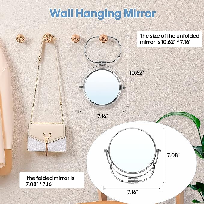 Portable Folding Travel Makeup Mirror,1X/10X Magnifying Vanity Mirror,6” Double-Sided 360° Swivel,Handheld & Wall Hanging Metal Mirror for Home and On-the-Go Use,Travel Storage Bag Included,No Light