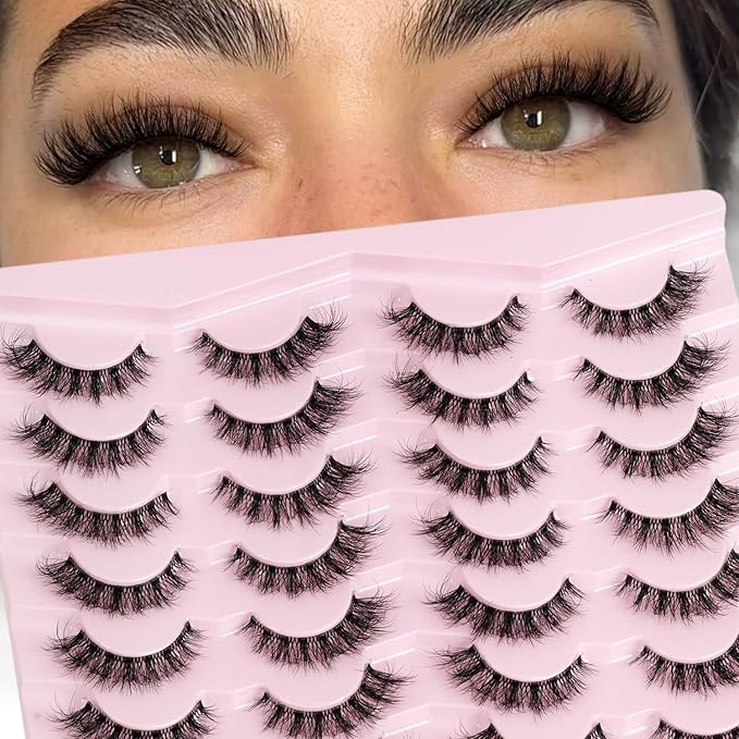 𝗙𝗮𝘂𝘅 𝗠𝗶𝗻𝗸 𝗙𝗮𝗹𝘀𝗲 𝗘𝘆𝗲𝗹𝗮𝘀𝗵𝗲𝘀 𝟯𝗗 𝗙𝗹𝘂𝗳𝗳𝘆 𝗖𝘂𝗿𝗹𝘆 14mm Wispy Natural Look Short False Lashes Volume Clear Band Cat Eye Fake Eyelashes False Lashes Strip Pack by EMEDA (N06)