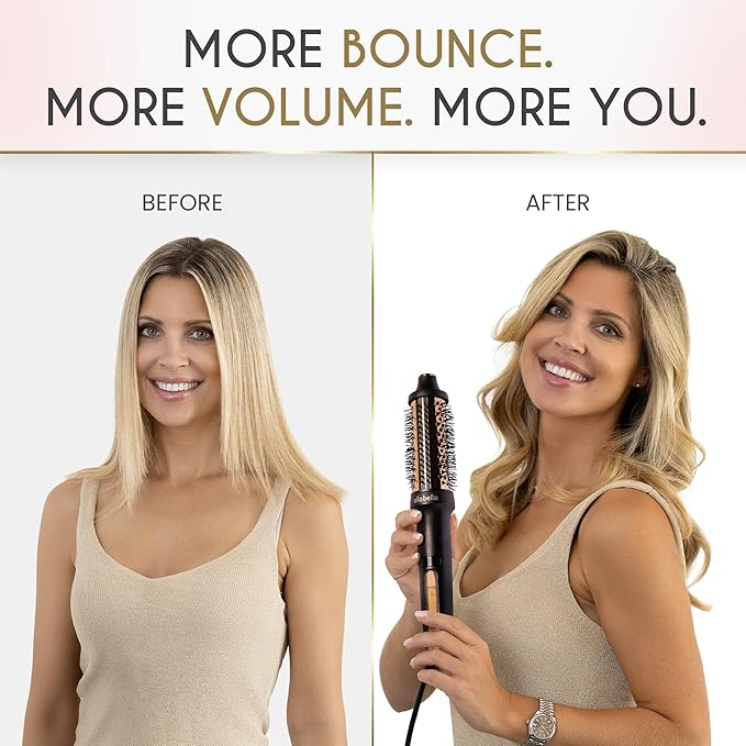 ELLA BELLA® Heated Round Thermal Blowout Brush • Negative ION Plasma Thermal Hot Hair Brush • Volumizer Styler & Curler in 1 • Fast HeatUp • Dual Voltage International Use • Swivel Cord, Auto ShutOff
