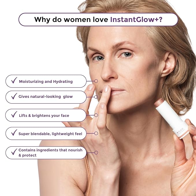 InstantGlow+ Multipurpose 4-in-1 Highlighter Stick For Older Women - Radiant Glow & Nourishing Formula - For Face, Shoulders, Decolletage - For Sensitive Eyes (Vanilla, Regular)