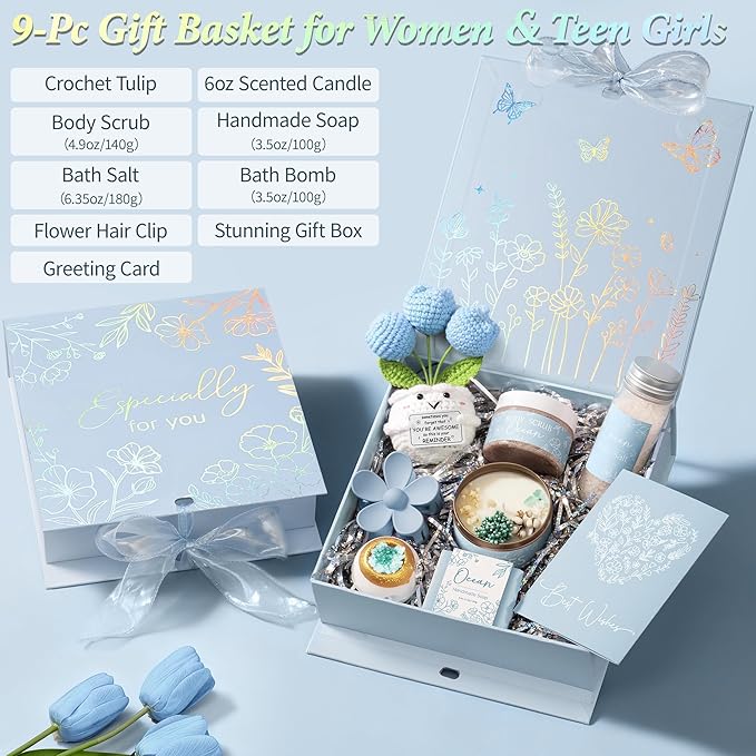 Spa Gifts for Women Bath Gift Set, Ocean Relaxing Spa Gift Baskets Home Bath Set Self Care Kit Care Package Thank You Birthday Valentines Day Gifts for Her Women Mom Friends Sister Teen Girls Wife
