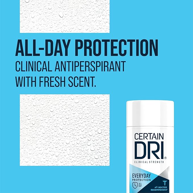 Certain Dri Everyday Strength Clinical Antiperspirant, 72-Hour Sweat Protection for Hyperhidrosis, Doctor-Recommended, Travel-Friendly, Fresh Scent, 2.6 oz, (Pack of 1)