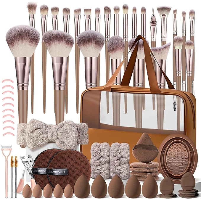 Brown Makeup Brushes Set Professional 66Pcs with Case Premium Synthetic for Foundation Concealer Blush Eyeshadow Powder Contour Makeup Brush Kit Face Eye Make up Brushes & Tools
