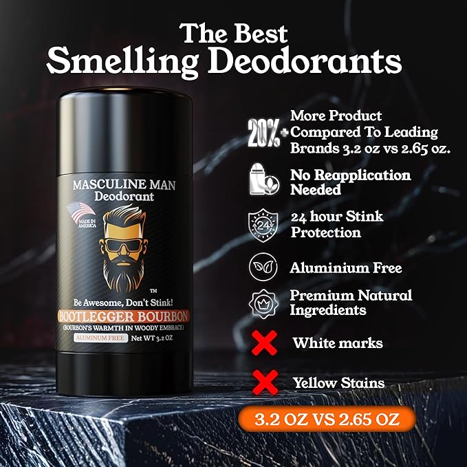 Deodorant for Men - Aluminum Free Mens Deodorant, Travel Size Natural Deodorants, Sweat Protection for Underarm, Stain-Free Deodorants, Made in USA, 3.2oz (2 Pack, Bootlegger Bourbon)