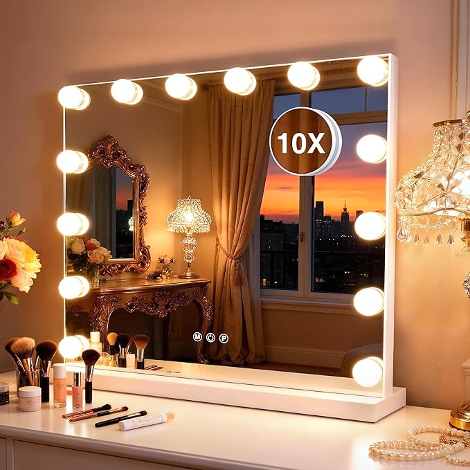 Vanity Makeup Mirror with Lights,Hollywood Vanity Mirror with 3 Color Modes,Lighted Vanity Mirror with Dimmable LED Bulbs &10X Magnification for Desk,Bedroom,Tabletop (White, 20.5" x 15.7")