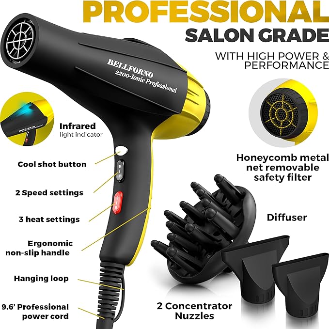High-Power 2200W Ionic Hair Dryer - Fast-Drying, Constant Temperature Technology, AC Motor - Ideal for Curly Hair Care, Suitable for All Hair Types - HairDryer for Both Women and Men Black/Yellow