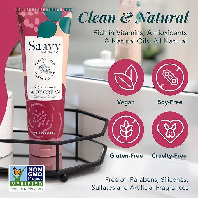 Saavy Naturals Body Cream | Made In USA | Absorbent Shea Butter Vegan Formula, Thick and Creamy Body Moisturizer, Body Lotion for Dry Skin- 8.5 Fl Oz (1, Bulgarian Rose)