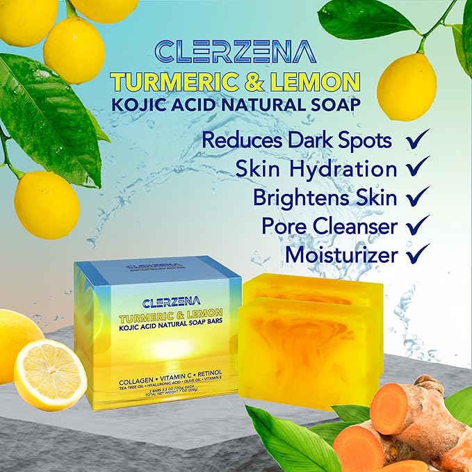 Lemon Turmeric Kojic Acid Soap Bars for Dark Spots | Vitamin C & E, Retinol, Collagen, Tea Tree Oil Face Soap Bars | Natural Soap Bar for Women & Men