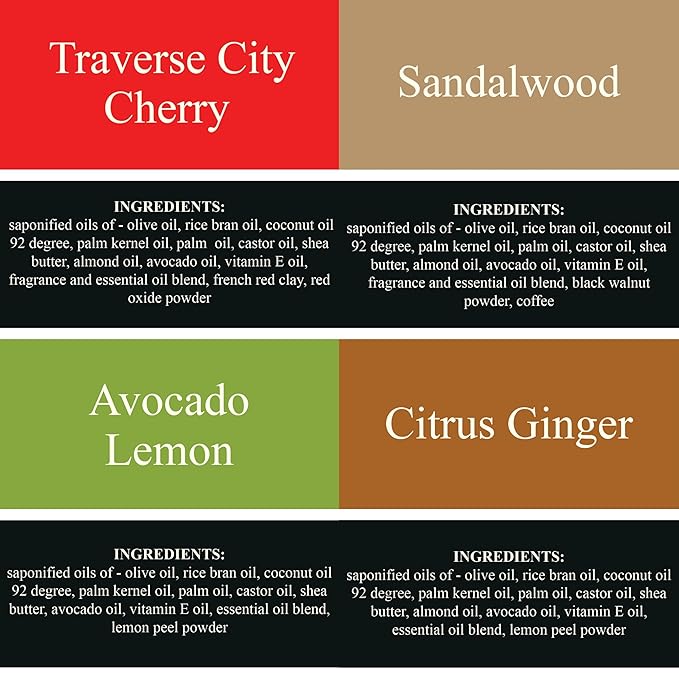 Traverse Bay Bath and Body Natural Cold Process Soap Sweet & Spicy 4-Bar Variety Pack, Traverse City Cherry, Sandalwood, Avocado Lemon, Citrus Ginger, 5.5 oz Each, 22+ oz Total