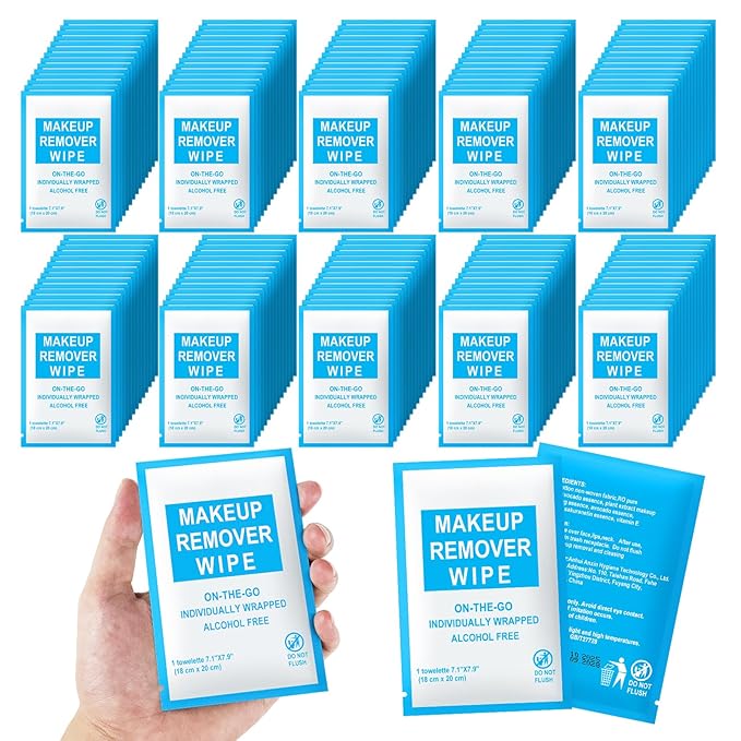 Makeup Remover Wipes Individually Wrapped Pack of 30,Avocado Scent 7x7.9 inch Blue Travel Size Facial Cleansing Wipes Towelette for Face Cleansing,Skin Care,Hotel,Camping,Gym,Office