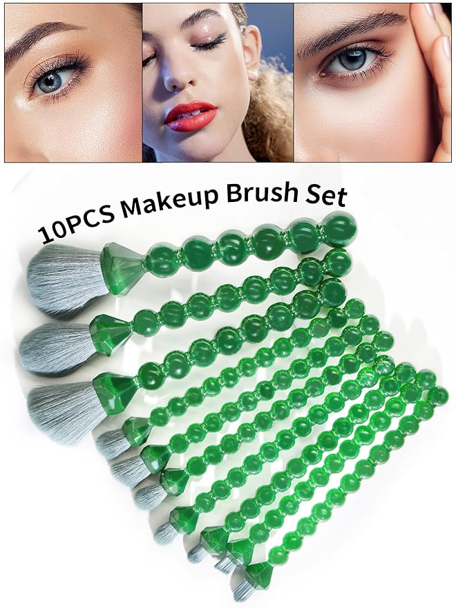 COSHINE Unique Diamond and Pearl Design Makeup Brush Set, 10pcs Cute and Full Complete Powder, Concealer, Blush, Eye Shadow Cosmetic Brushes Kit (GREEN)