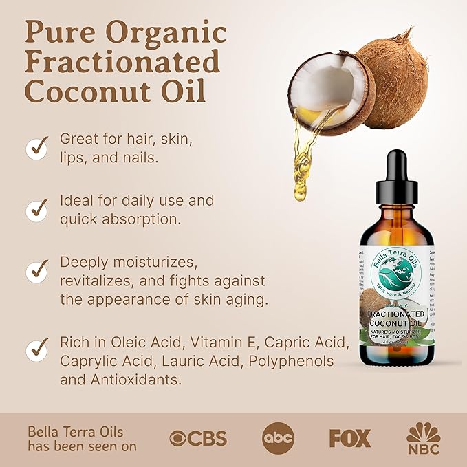 Bella Terra Oils - Organic Fractionated Coconut Oil 8 oz - Experience the Purity of Liquid Coconut, Bursting with Essential Fatty Acids, Elevate Your Skin Rituals