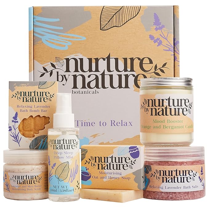 NURTURE BY NATURE Relax & Calm Christmas Gift Basket – Spa Gifts for Women with Bath Bomb, Hand Cream, Lavender Pillow Mist & Scented Candle - Stocking Stuffers, Holiday Gifts, Gifts for Mom