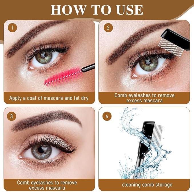 Eyelash Comb with Metal Teeth, 2 Pack Multi-purpose Lash Comb Resuable Eyelash Separator Tool Professional Eyebrow Brush Grooming Eyelash Brush with Wood Handle Eye Makeup Brush Tool for Women