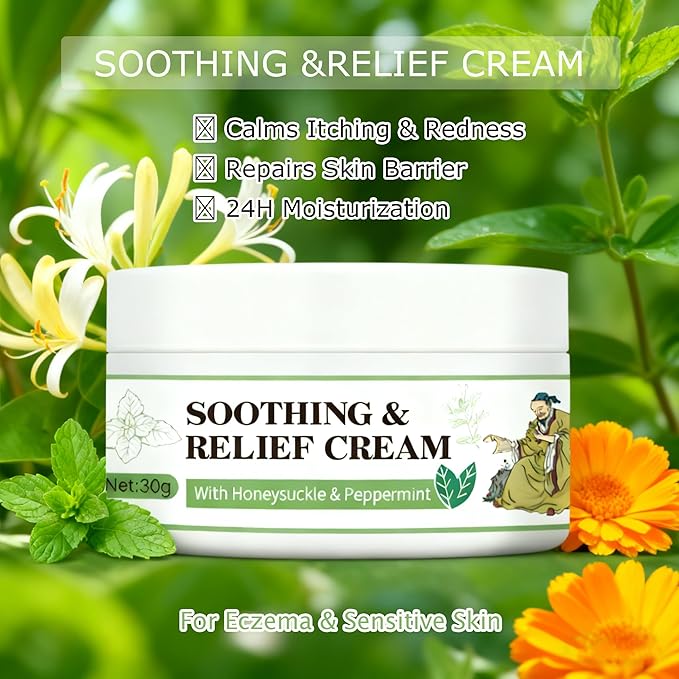 Soothing Relief Cream with Honeysuckle & Calendula, Cooling Anti Itch for Sensitive Skin,Moisturizing Cream for Various Parts of the Body, Fast-Absorbing & Non-Greasy Formula