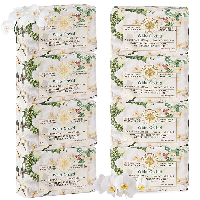 Wavertree & London White Orchid Scented Natural Soap (8 Bars), 7oz Moisturizing French Triple Milled Soap Bars enriched with shea butter - Pure Plant Oil Bath & Body Bars for All Skin Types