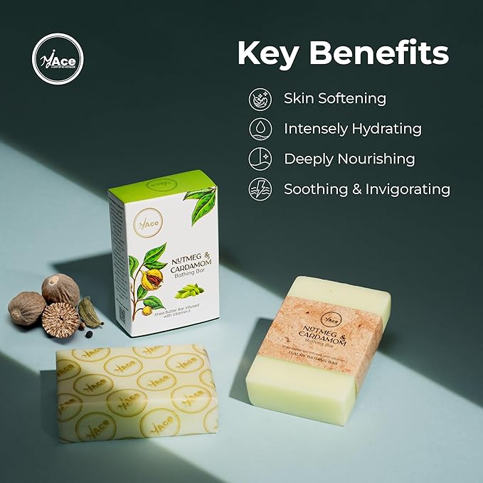 MY ACE Nutmeg & Cardamom Bathing Bar – Handmade with Essential Oils & Coconut Oil, SLES & Paraben Free, Enriched with Shea Butter & Vitamin E – Moisturizing & Aromatic