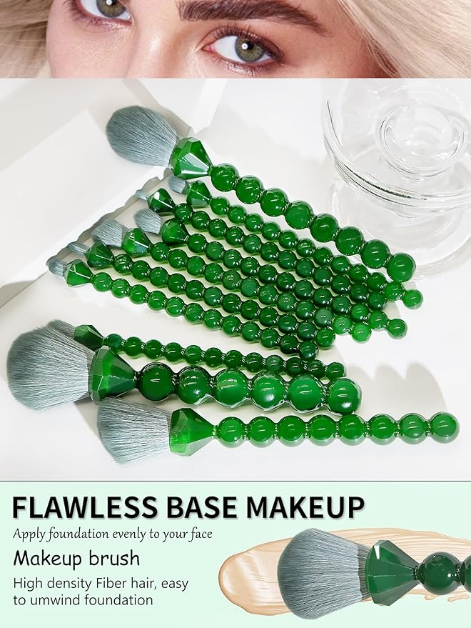 COSHINE Unique Diamond and Pearl Design Makeup Brush Set, 10pcs Cute and Full Complete Powder, Concealer, Blush, Eye Shadow Cosmetic Brushes Kit (GREEN)