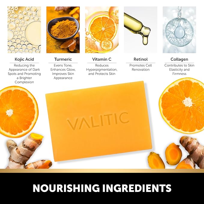 VALITIC Kojic Acid Soap for Hyperpigmentation - with Glutathione, Collagen & Vitamin C - Natural Soap Bars with Turmeric - Original Japanese Complex for Dark Spot Correction - 2 Pack