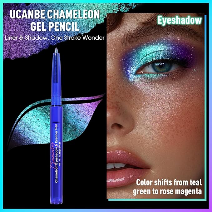 UCANBE Chameleon Eyeshadow & Eyeliner Gel Pencil-Multichrome Shifting Colors Metallic Glitter Eye Makeup,Waterproof Long-Lasting Smudge-Proof Multi-Dimensional Color (Teal Green to Rose Magenta)