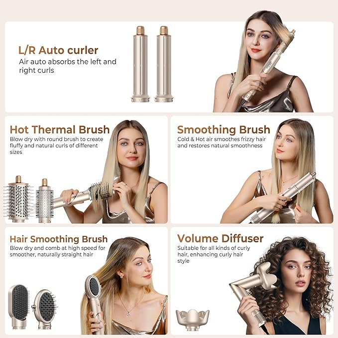 8 in 1 Hair Dryer Brush & Multi Hot Air Styler–Foldable 110,000 RPM Blow Dryer Brush Tool Set with Diffuser Auto-Wrap Curler for Fast Drying Curling Straightening Hair Daily Styling (1.25'')