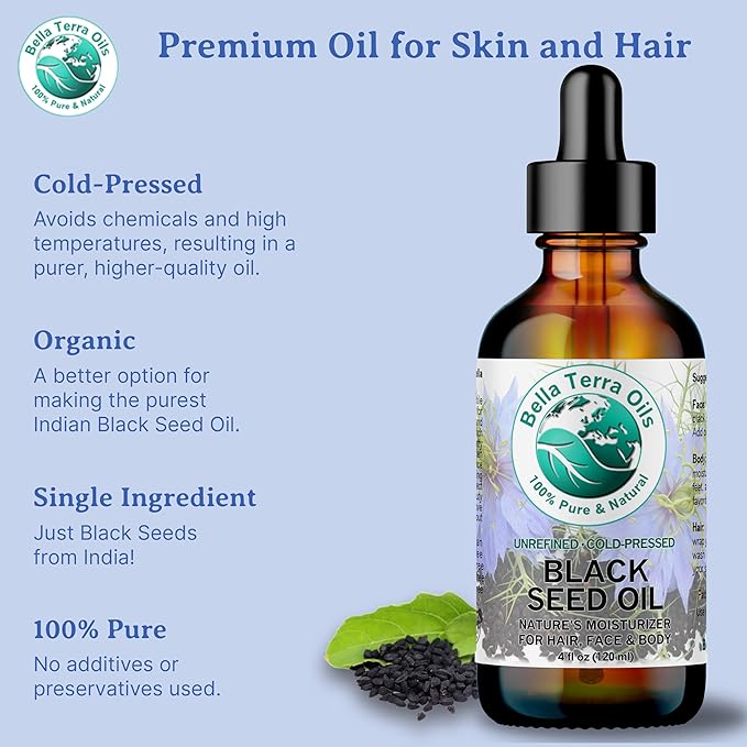 Bella Terra Oils - Black Seed Oil 4 oz - Harness the Power of Nigella Sativa, Abundant in Thymoquinone & Essential Fatty Acids, A Luxurious Addition to Your Beauty Routine