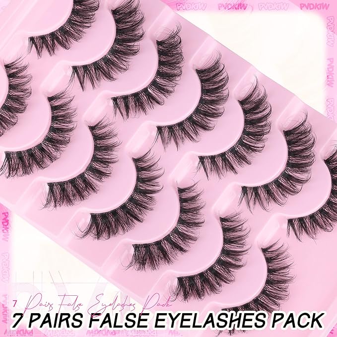 Mink Fake Lashes Wispy False Eyelashes Clear Band Natural Look Cat Eye Lashes Pack 3D 8-15mm Strip Lashes Wispy, 7 Pairs