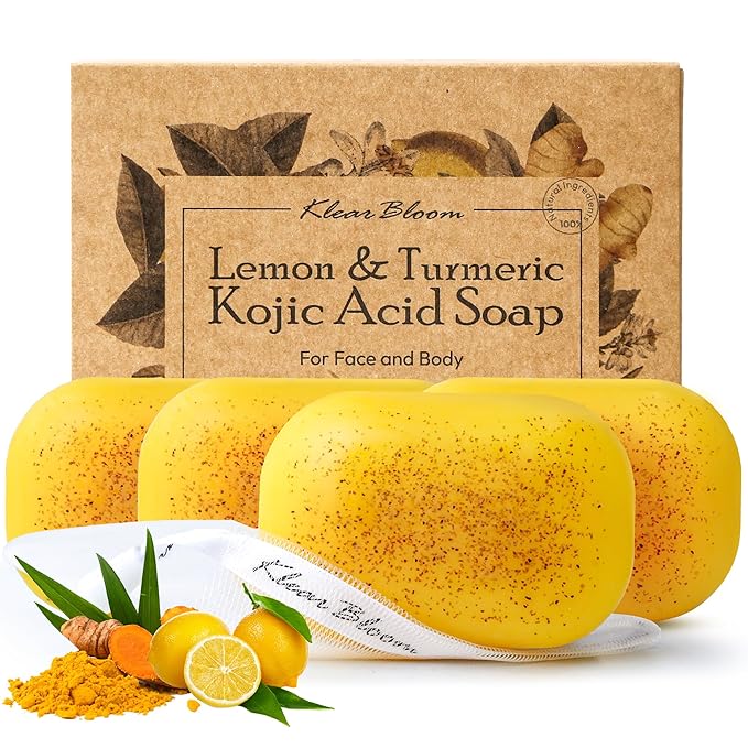 Lemon Turmeric Kojic Acid Soap – Exfoliating Soap with Almond Particles for Dark Spots, Vitamin C and Extra Shea Butter, Gentle Brightening & Moisturizing for Face and Body – 105g x4 Bars