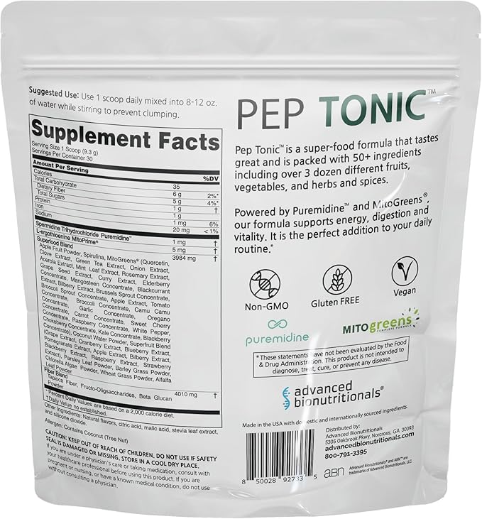 Advanced Bionutritionals Pep Tonic Powdered Superfood Formula 50 Fruits, Vegetables, Herbs, and Superfoods - Vegan, Vegetarian - 9.84 OZ - 279 g