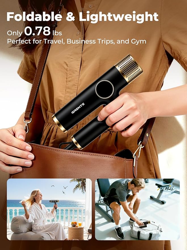 Portable Hair Dryer, 110,000 RPM Diffuser Hair Dryer, 400M Negative Ion, 6.5ft Cord, 4 Heat Settings & 3 Speed, Ionic Hairdryer with Concentrator Nozzle Diffuser for Curly Hair, for Women Men, Black