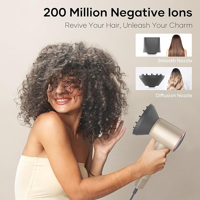 Professional Hair Dryer, 200 Million Negative Ionic Blow Dryer with 110000 RPM Brushless Motor, 1500W High-Speed HairDryer with Magnetic Nozzle & Diffuser for Salon, Home, Travel (Fortune Gold)