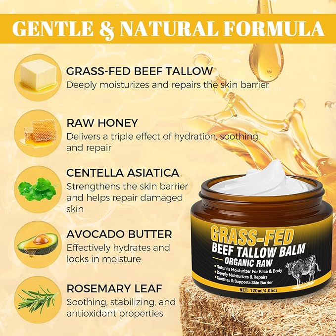 Beef Tallow for Skin Cream 120ml, Tallow And Honey Balm, Grass-Fed Whipped Tallow Face Moisturizer, Deep Nourishing for Face & Body, Suitable For All Skin Types