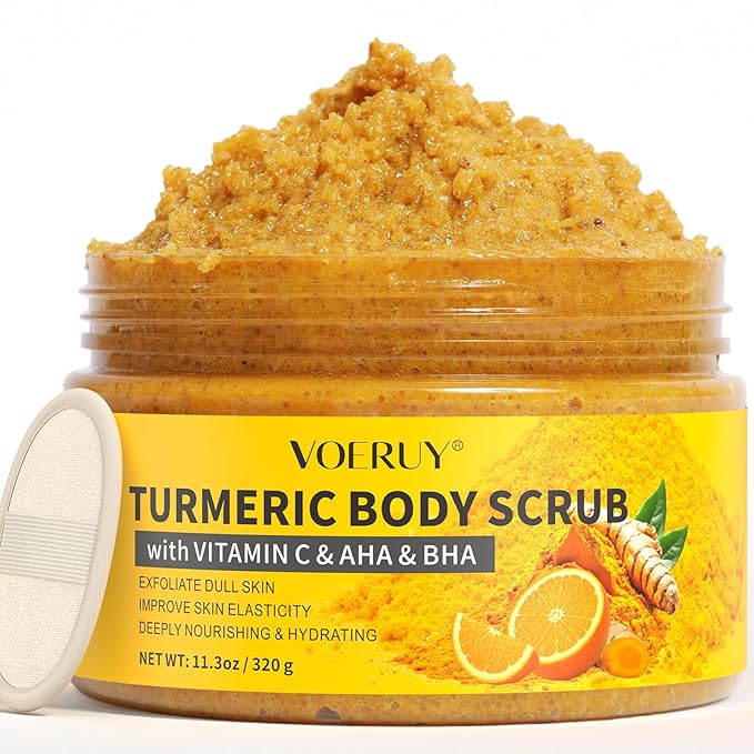 Body Scrub,Turmeric Exfoliating Body Scrub with AHA & BHA, Gentle Body Exfoliator with Vitamin C for Body Hand Foot Bikini Area - 11.3oz
