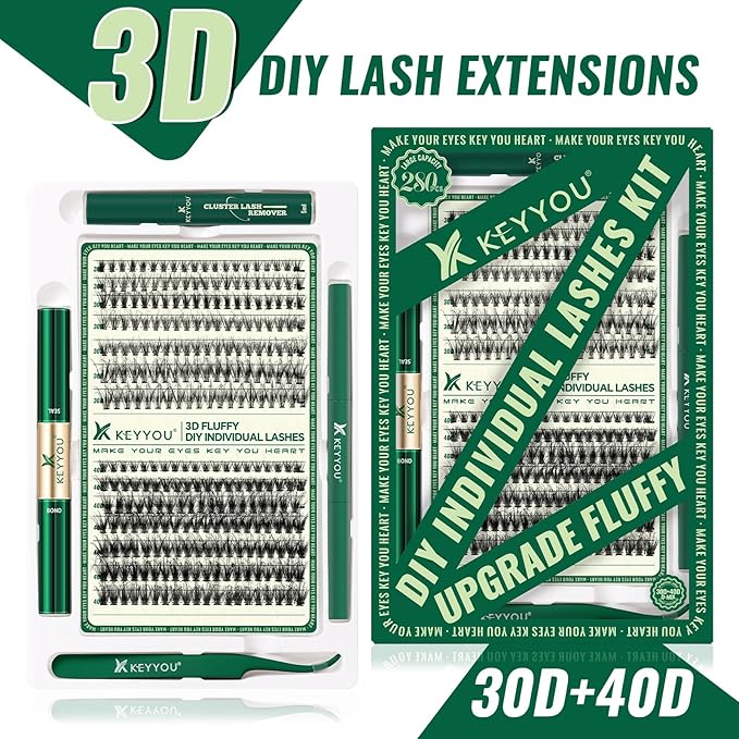KEYYOU 3D Effect Lash Extension Kit - 280pcs D Curl 8-16MIX Eyelash Clusters with Lash Bond, Seal, Tweezers, Remover & Brush for Volume (Brown, Faux Mink, Adhesive Mount)