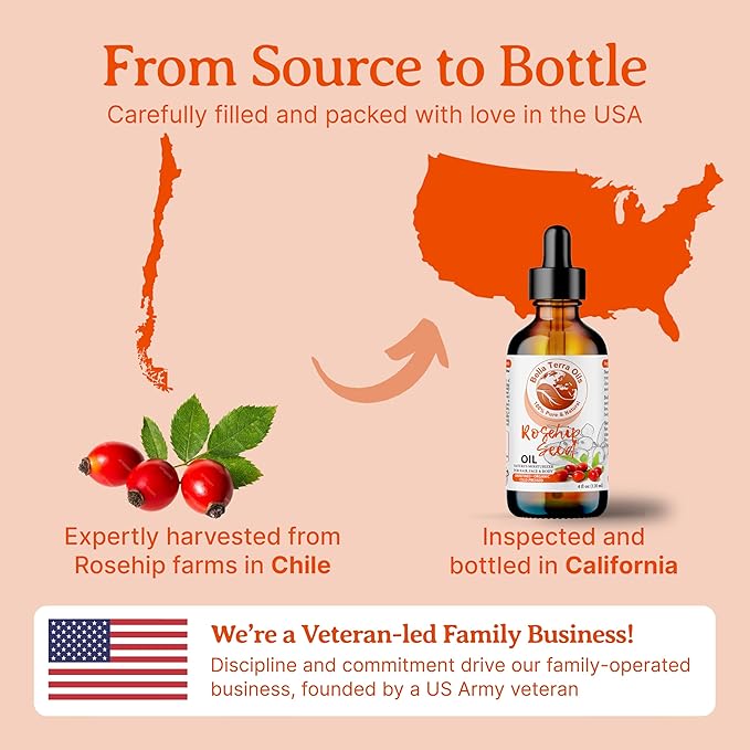 Bella Terra Oils Organic Rosehip Oil for Face, Pure Cold-Pressed Rose Hip Seed Oil for Skin & Hair, Natural Moisturizer & Anti-Aging Facial Oil 8oz