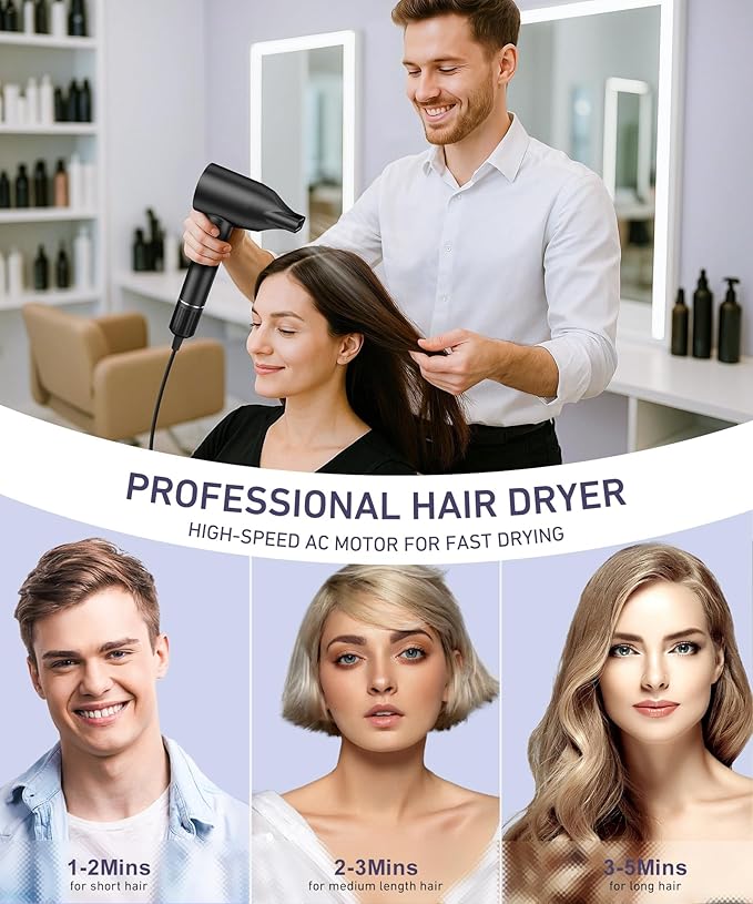Hair Dryer, 150000 RPM High-Speed Brushless Motor Negative Ionic Blow Dryer for Fast Drying, Low Noise Thermo-Control Hair-Dryer-with-Diffuser and Nozzle